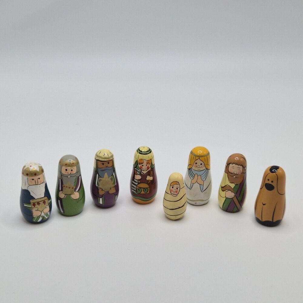 Wooden Hand-Painted Nativity Set with Stable - 8 Piece Minature Christmas Scene